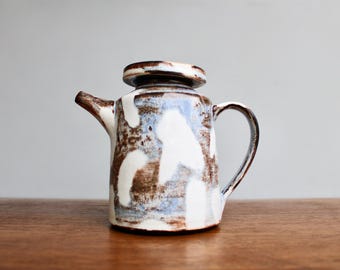 Handcrafted Studio Pottery 400ml Coffee Server, Modern French Style in Pale Blue Grey w/ Milk White & Brown Glaze, small interior rim chip