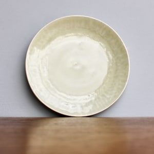 May include: A light green ceramic plate with a textured surface. The plate is round and has a slightly raised rim.