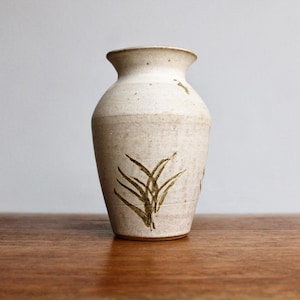 Handcrafted Shino Glazed Studio Pottery Vessel, Wide Mouthed Vase - Speckled Matte Slip Glaze Decorated w/ Naive Seaweed Type Botanical Form