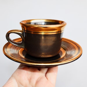 Vtg Heath Ceramics of California Restaurant Line - 6oz capacity 1980s BoHo Plum-Brown w/ Gold, 1 Set Cup & Saucer, American Modern Design