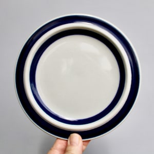 May include: A white ceramic plate with a blue rim and two blue bands around the edge.