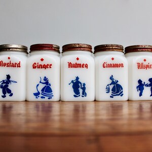 Tipp City Spice-Jars Vintage 1940s - Originally Red Painted Metal Lids - Dutch Style w/ Windmills on Milk Glass Spice Jars by Hazel Atlas