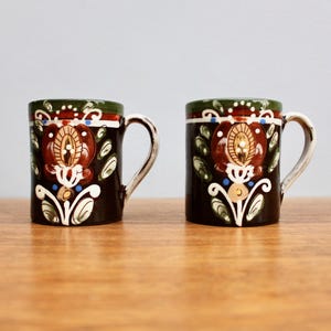 Pair of Hugo Kohler Biel Smallish Mugs - Handcrafted Studio Pottery Swiss Folk Art Mugs, Made in Switzerland
