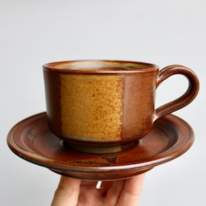 May include: A vintage ceramic teacup and saucer set. The cup and saucer are brown with a speckled tan panel on the cup. The cup has a rounded handle. The saucer has a slightly raised edge. The set is held by a hand.