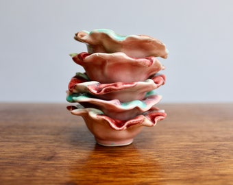 Vintage Walker Pottery, 1950s Majolica Style Ceramics - Set of Little Bowls, 6 Small Bowls, Ruffled Salt Cellars, California Pottery
