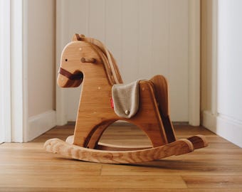 Handmade Bamboo Rocking Horse - British Wool Saddle, Ash Details