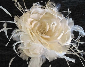 Large ivory silk rose bridal brooch pin - handmade silk rose belt