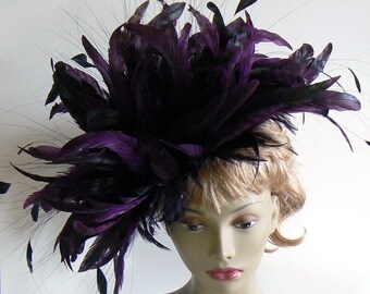 Large feather headress - feather showgirl headpiece - purple feather hat