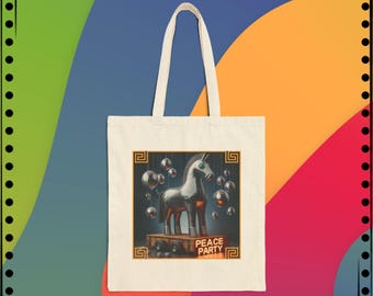 Peace Party Cotton Canvas Tote Bag - Trojan Horse, Ancient Greece, Funny History Teacher Gift, Beach Bag, Book bag, eco-friendly, reusable