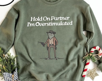 Hold On Partner Im Overstimulated Sweatshirt, Cowboy Frog Sweatshirt, Cowboy Frog Unhinged Shirt, Cute Animal Sweatshirt, Funny Frog Shirt