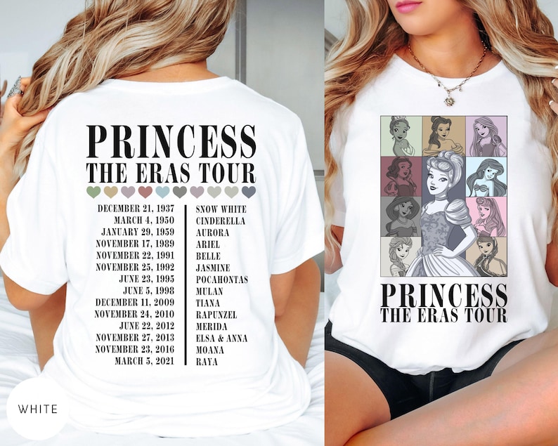 May include: White t-shirt featuring the text "PRINCESS THE ERAS TOUR" with a list of dates and princess names. The front of the shirt displays a grid of princess illustrations. A stylish and comfortable tee for fans of Disney princesses.