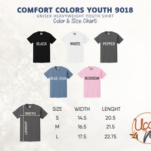 a color and size chart for a youth t-shirt, with various color options and corresponding measurements.
