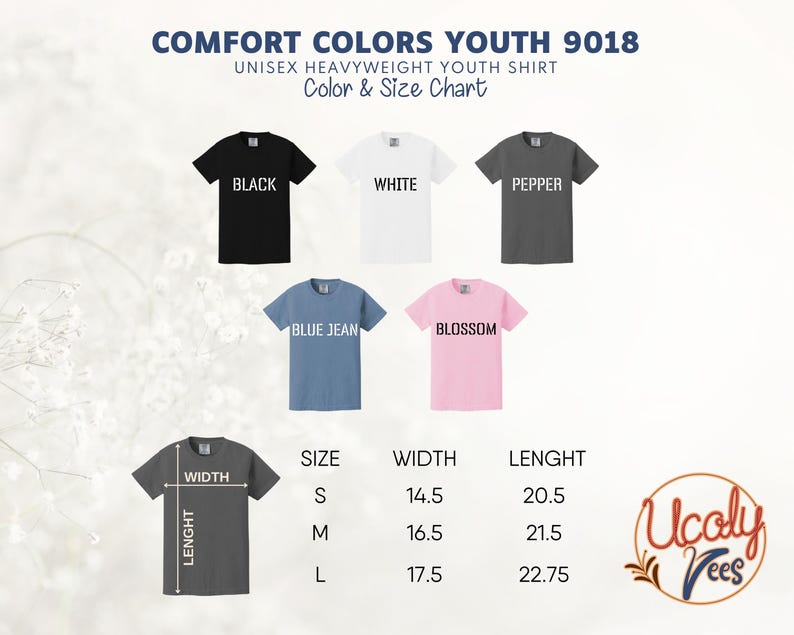 a color and size chart for a youth t-shirt, with various color options and corresponding measurements.