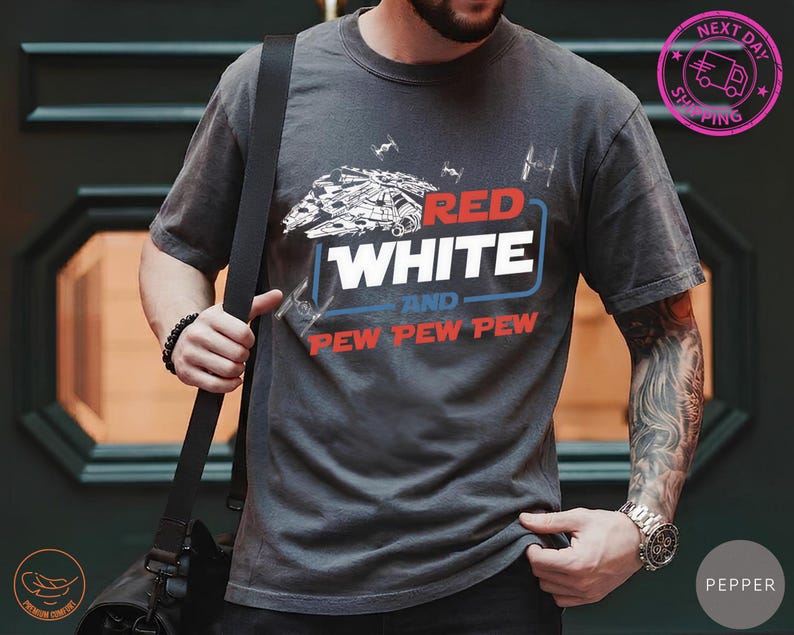 Comfort Colors® Disney Star Wars 4th of July Patriotic Shirt, Pew Pew Pew Space Movie Tee, Red White Blue Disneyland Independence Day Gift