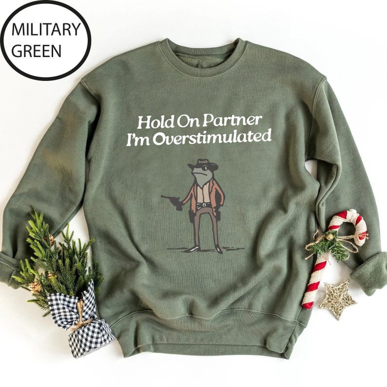 Hold On Partner Im Overstimulated Sweatshirt, Cowboy Frog Sweatshirt, Cowboy Frog Unhinged Shirt, Cute Animal Sweatshirt, Funny Frog Shirt image 1