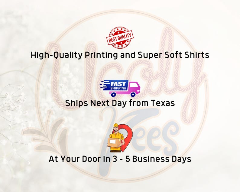 The image is a promotional graphic for a company that offers high-quality printing and soft shirts, fast shipping, and convenient delivery options. It features a logo, a person holding a package, and text that highlights the company's services.