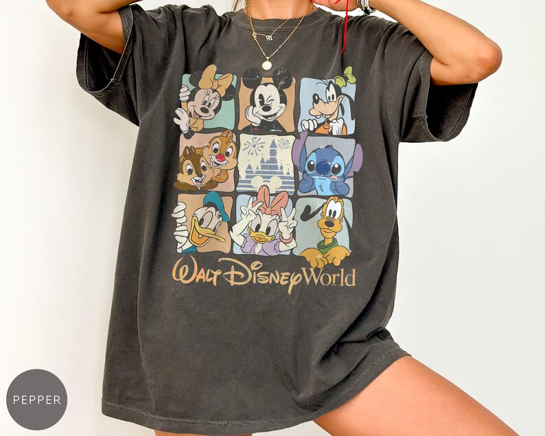 Może przedstawiać: Ciemnoszara koszulka z kolorowym wzorem w kratkę przedstawiającym postacie Disneya, w tym Myszka Miki, Myszka Minnie, Goofy, Kaczor Donald, Kaczka Daisy, Chip i Dale, Stitch i Pluto. Poniżej nadruk "Walt Disney World".