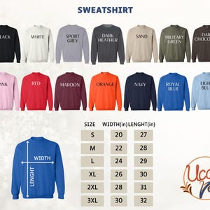 a collection of colorful sweatshirts with various sizes and colors, along with a size chart indicating the corresponding measurements.