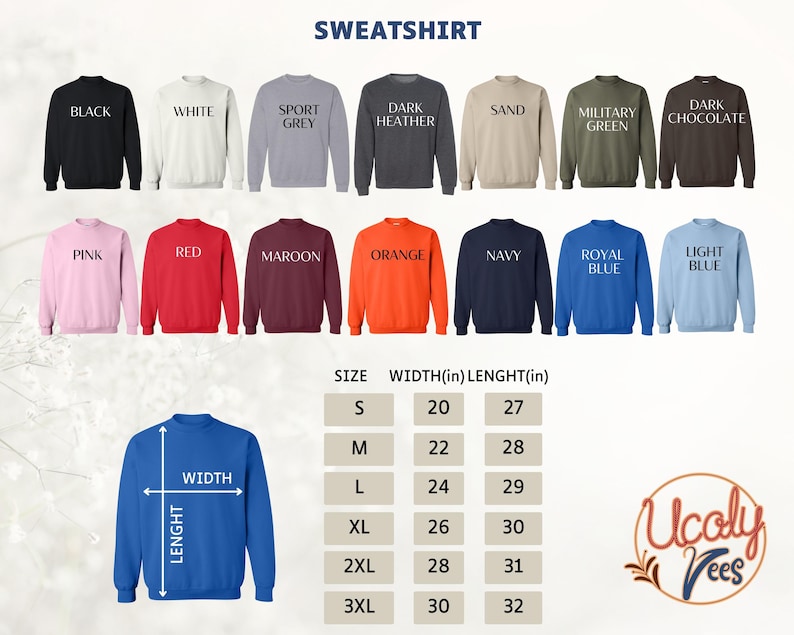a collection of colorful sweatshirts with various sizes and colors, along with a size chart indicating the corresponding measurements.