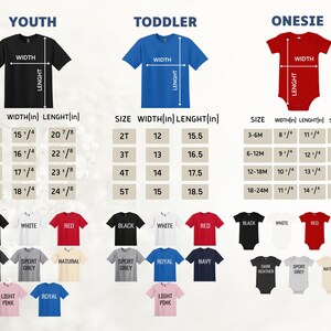 The image is a collage of three separate images, each depicting a different size of a t-shirt, ranging from youth to toddler and one size. The images show the t-shirts in various colors and styles, providing a visual representation of the different sizes available for purchase.