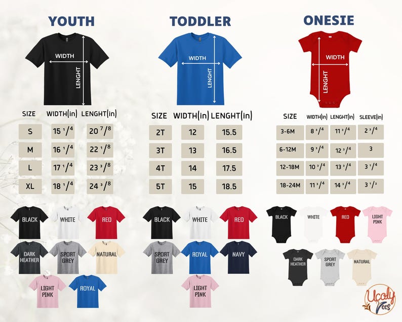 The image is a collage of three separate images, each depicting a different size of a t-shirt, ranging from youth to toddler and one size. The images show the t-shirts in various colors and styles, providing a visual representation of the different sizes available for purchase.