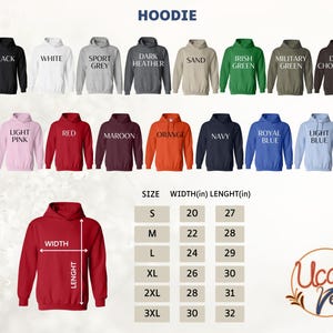 a collection of hoodie designs in various colors and sizes, along with a size chart indicating the corresponding measurements.