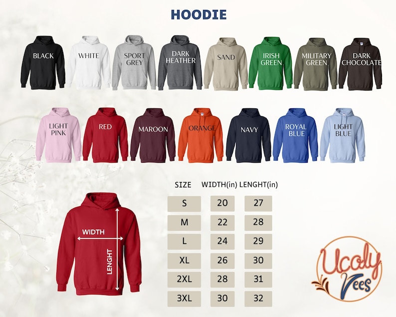 a collection of hoodie designs in various colors and sizes, along with a size chart indicating the corresponding measurements.
