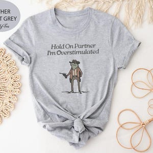 Hold On Partner Im Overstimulated Shirt, Cowboy Frog, Funny Meme Shirt, Funny Gifts for Friend, Funny Frog Tee, Gen Z Shirt, Cowboy Frog Tee image 1