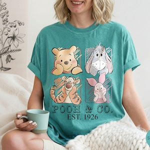 May include: Teal t-shirt featuring Winnie the Pooh, Eeyore, Tigger, and Piglet. The graphic includes the text "POOH & CO. EST. 1926". The shirt has short sleeves and a crew neck.
