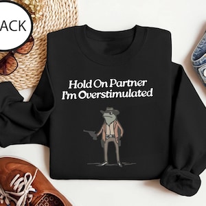 Hold On Partner Im Overstimulated Sweatshirt, Cowboy Frog Sweatshirt, Cowboy Frog Unhinged Shirt, Cute Animal Sweatshirt, Funny Frog Shirt image 2