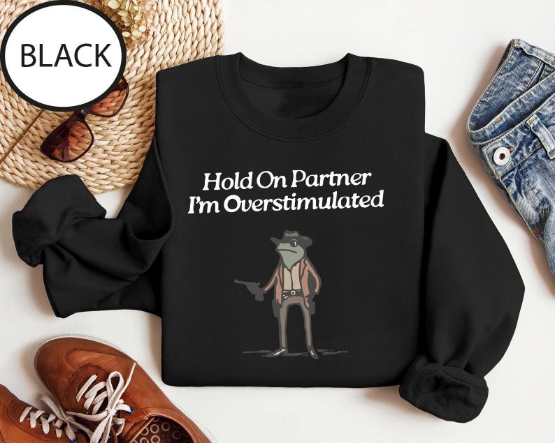 Hold On Partner Im Overstimulated Sweatshirt, Cowboy Frog Sweatshirt, Cowboy Frog Unhinged Shirt, Cute Animal Sweatshirt, Funny Frog Shirt image 2