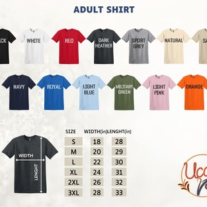 a collection of t-shirt designs in various colors and sizes, along with their corresponding measurements.