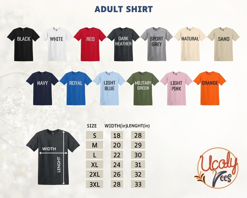 a collection of t-shirt designs in various colors and sizes, along with their corresponding measurements.