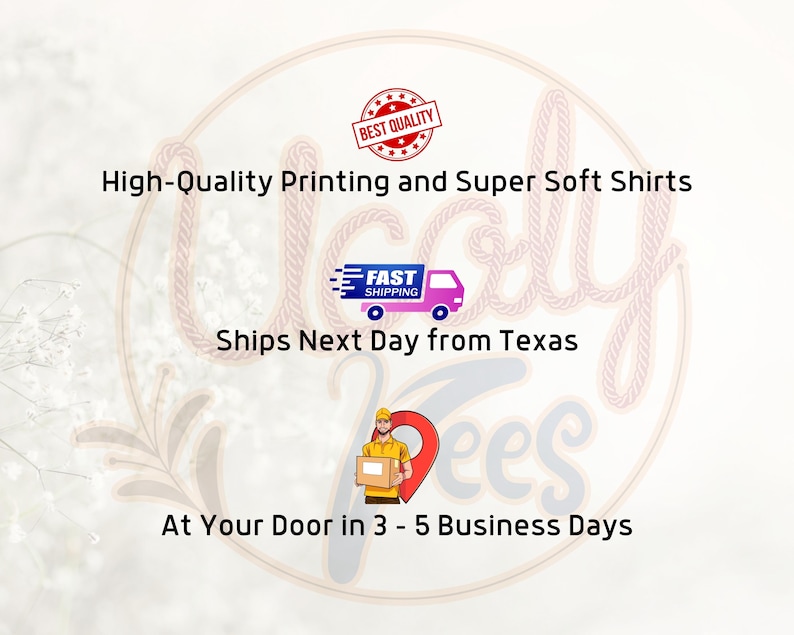 The image is a promotional graphic for a company that offers high-quality printing and soft shirts, fast shipping, and convenient delivery options. It features a logo, a person holding a package, and text that highlights the company's services.