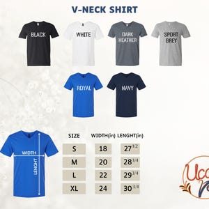 a collection of V-neck t-shirts in various colors, sizes, and styles, along with their corresponding measurements.