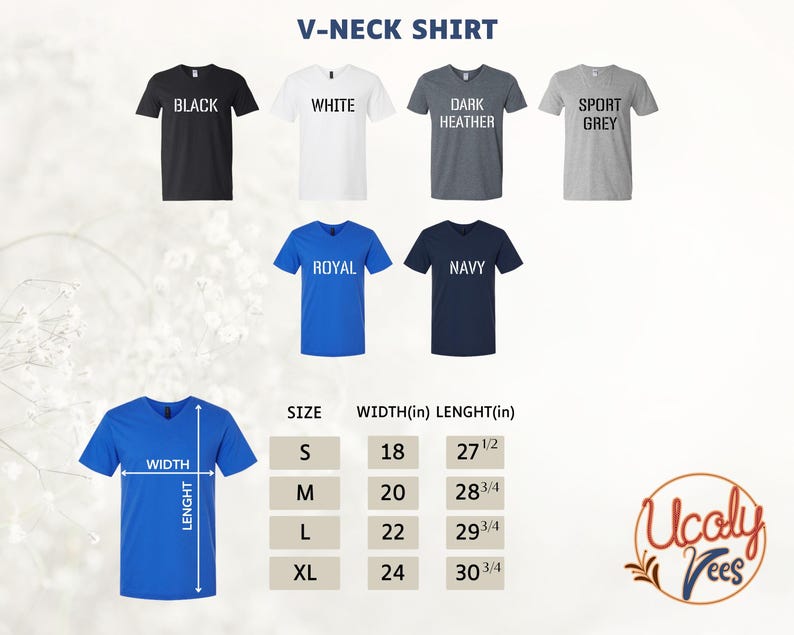 a collection of V-neck t-shirts in various colors, sizes, and styles, along with their corresponding measurements.
