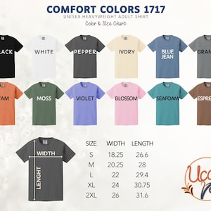 a collection of various adult t-shirt colors and sizes, including black, white, pepper, ivory, blue jean, granite, yam, moss, violet, blossom, seafoam, espresso, and yam.