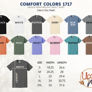 a collection of various adult t-shirt colors and sizes, including black, white, pepper, ivory, blue jean, granite, yam, moss, violet, blossom, seafoam, espresso, and yam.