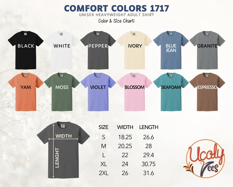 a collection of various adult t-shirt colors and sizes, including black, white, pepper, ivory, blue jean, granite, yam, moss, violet, blossom, seafoam, espresso, and yam.