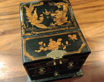 Antique Chinese Lacquer Jewelry Box w/ Drawers & Mirror, 1920