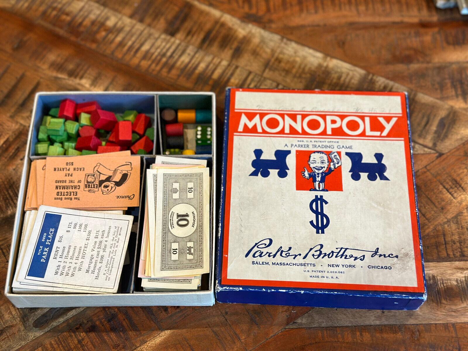Vintage Monopoly Game Blue Box Single Patent Money Wood Pieces