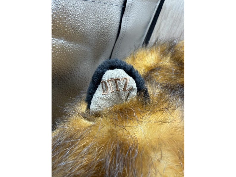 May include: Close-up of a plush toy ear with brown and tan fur. The ear has a black trim and a beige inner ear with the embroidered letters "DITZ". The toy appears to be a stuffed animal.
