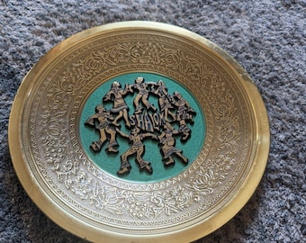 Vintage - Enameled Embossed -Solid Brass Shalom Decoration Plate Judaical 9.75