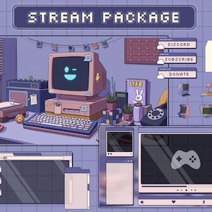 Pacote de transmissão de computador retrô animado - Sobreposição de transmissão clássica do Twitch - Sala de jogos de quadrinhos Streamelements - Pacote roxo Streamlabs