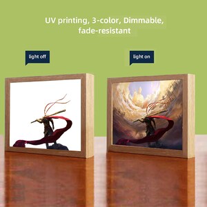 May include: A wooden framed picture with a light on and off switch. The picture features a colorful illustration of a character in a red cape holding a staff. The text "light off" and "light on" are visible in the image.