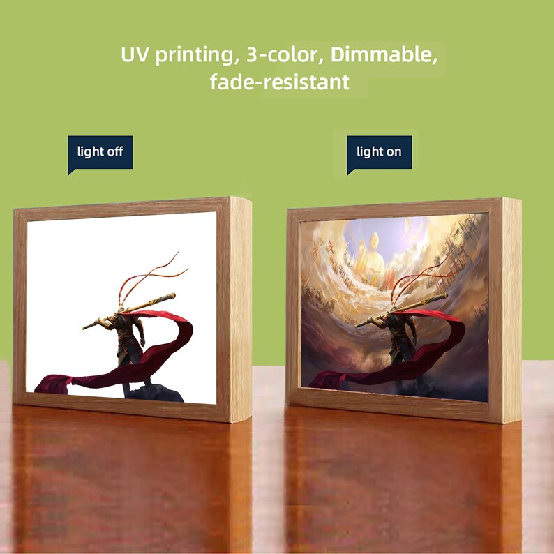 May include: A wooden framed picture with a light on and off switch. The picture features a colorful illustration of a character in a red cape holding a staff. The text "light off" and "light on" are visible in the image.