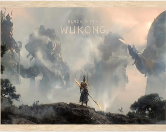 May include: A framed poster with a fantasy illustration of a warrior standing in front of two large, imposing figures. The poster has the text "Black Myth Wukong" at the top.