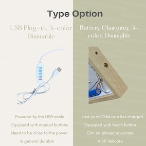 May include: Two side-by-side images showing two different types of triangle-shaped LED lights. The left image shows a white USB cable connected to a small control box with three buttons. The right image shows a wooden triangle-shaped light with a battery compartment and a touch button. The text "Type Option" is at the top of the image. The text "USB Plug-in, 3-color Dimmable" is below the left image. The text "Battery Charging, 3-color Dimmable" is below the right image.