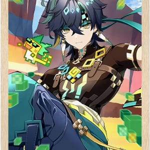 Pode incluir: Uma ilustração digital de uma pessoa jovem com cabelo azul e verde vestindo uma roupa marrom e amarela com uma criatura pixelada verde e amarela no fundo.