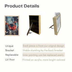 May include: A wooden frame with a unique bracket that allows it to stand upright. The frame features a colorful print of a red sports car flying through the air. The print is replaceable and printed on acrylic.